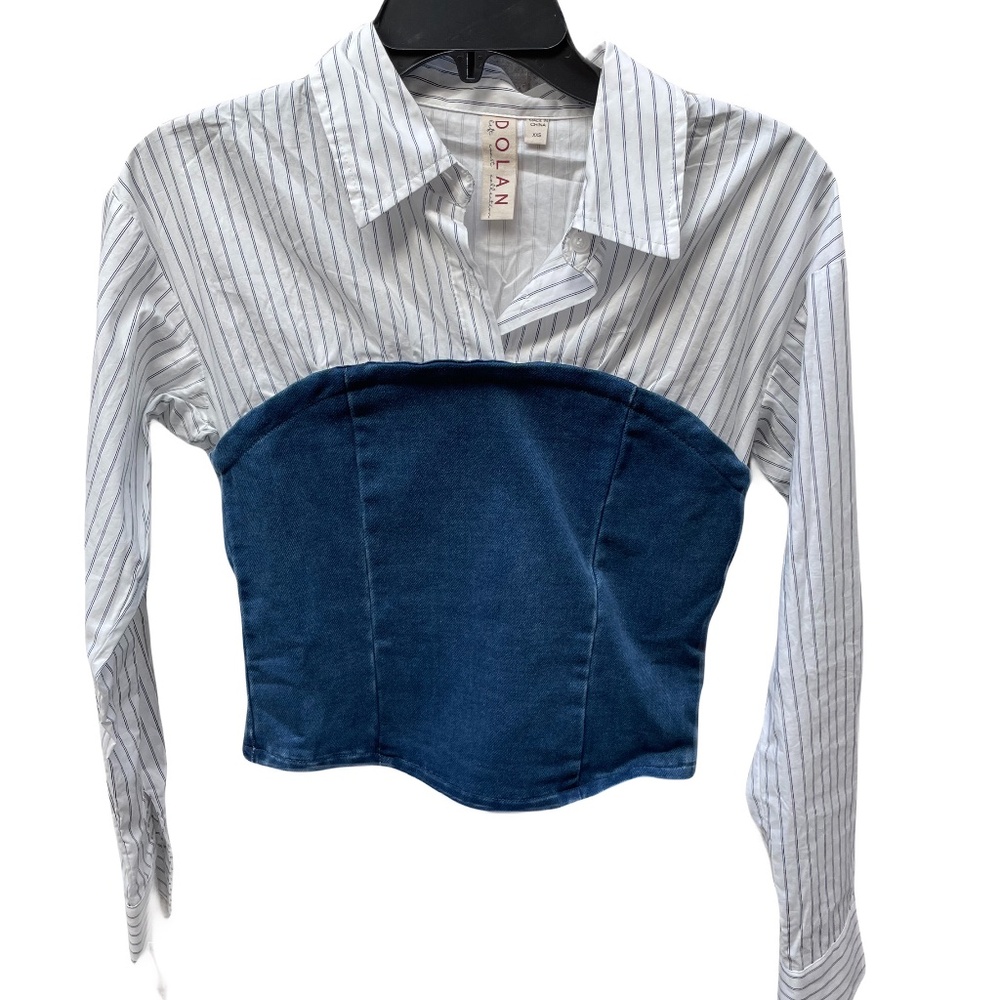 ❤️ ANTHROPOLOGIE DOLAN LEFT COAST DENIM KNIT SHIRTING TWOFER TOP SIZE XXS